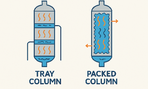 Comparison diagram of tray column and packed column showing vapor-liquid contact mechanisms used in industrial distillation.