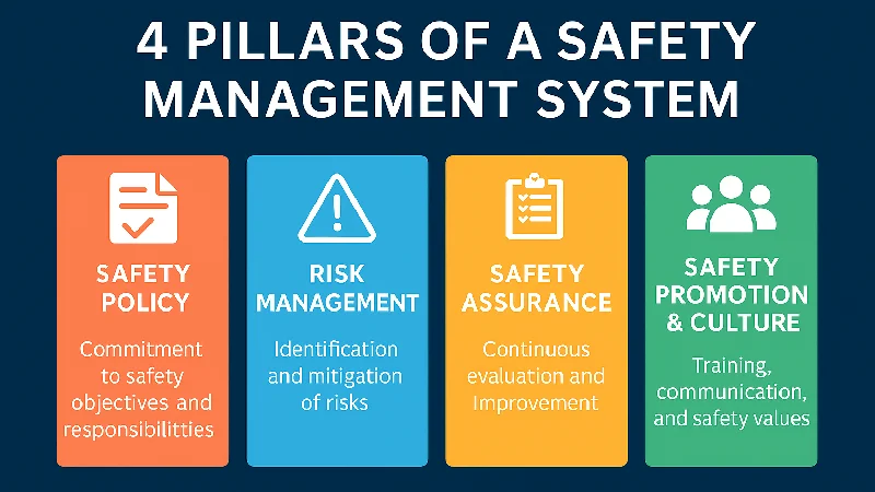 Infographic showing the 4 Safety Management System Pillars: Safety Policy, Risk Management, Safety Assurance, and Safety Promotion & Culture.