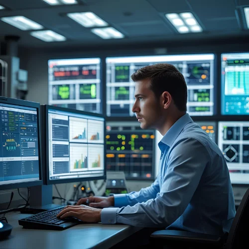 Process engineer working at control room monitors in a chemical plant