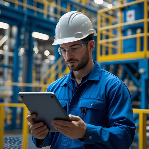 Process safety engineer inspecting a plant using a digital tablet