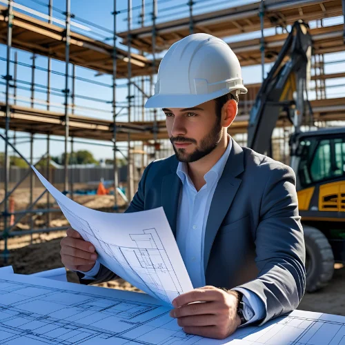 Project engineer reviewing construction plans at an industrial site