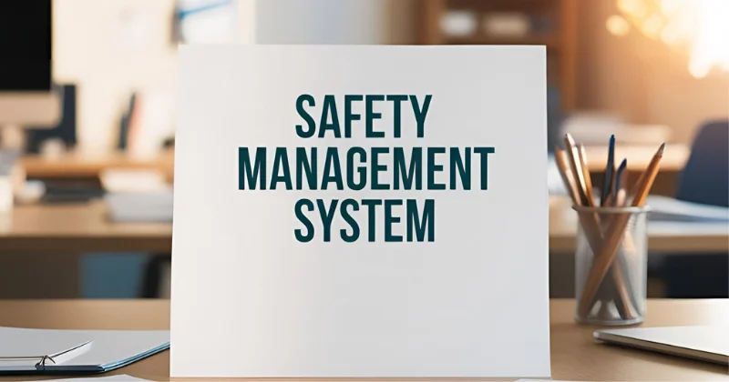 Sign with “Safety Management System” on a desk, representing the administrative aspect of industrial safety
