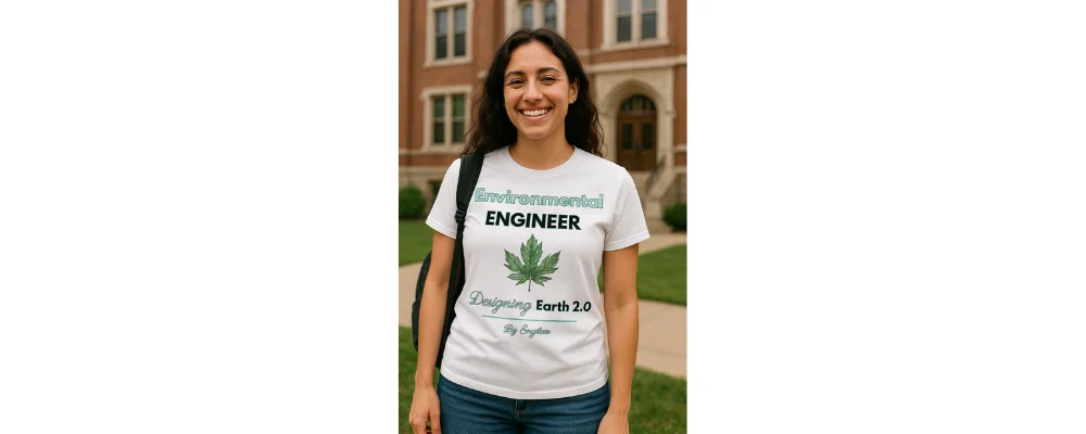 Smiling student wearing a white T-shirt with the text “Environmental Engineer – Designing Earth 2.0” and a green leaf graphic.