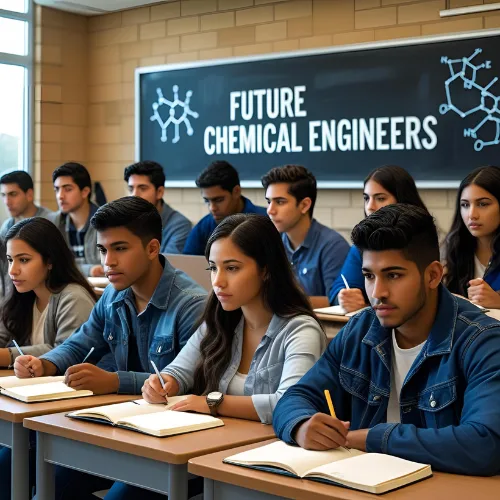 A modern university classroom with male and female students taking notes during a lecture. A large blackboard behind them displays the phrase “Future Chemical Engineers.”