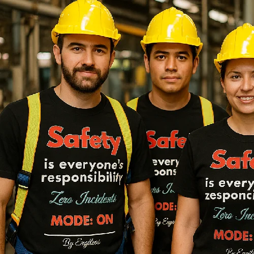 Three engineers wearing black safety T-shirts and yellow helmets, promoting workplace responsibility.
