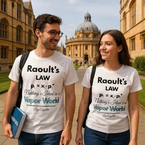 Two students wearing Raoult’s Law T-shirts while walking on a university campus.