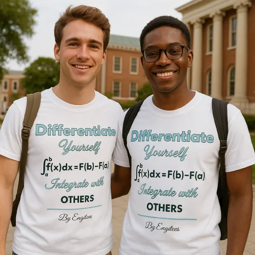 Two smiling students wearing white T-shirts for engineers with a math joke: “Differentiate Yourself – Integrate with Others.”