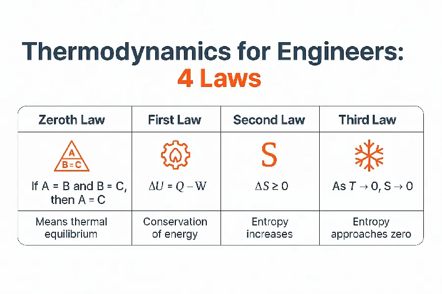 Visual summary of the four laws of thermodynamics for engineers: Zeroth (thermal equilibrium), First (energy conservation), Second (entropy increases), and Third (entropy approaches zero).