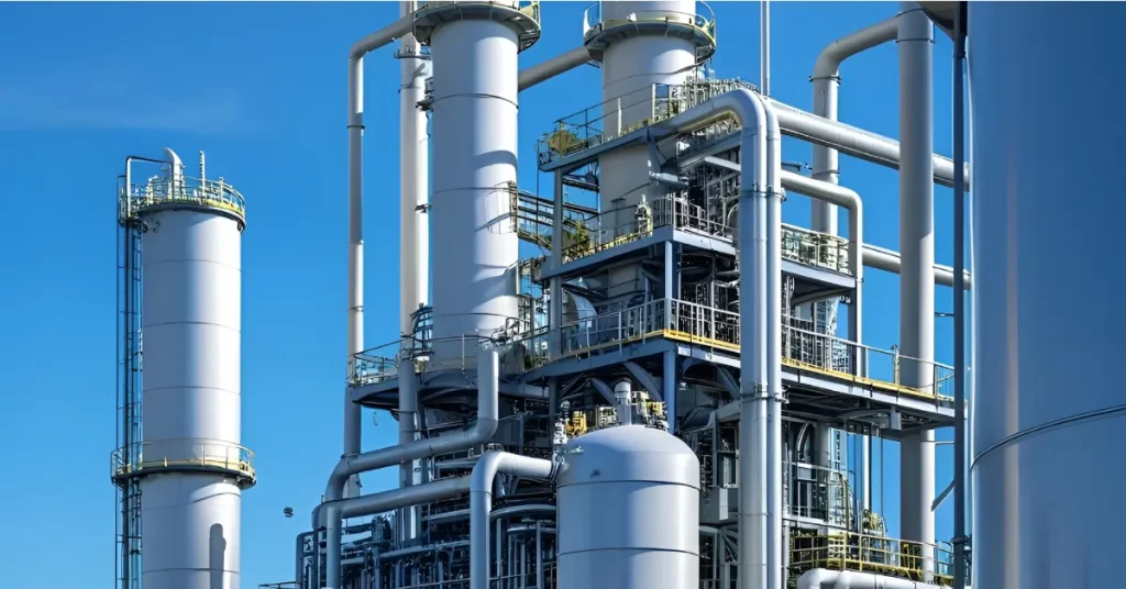 Modern chemical processing plant with distillation columns and pipelines under a clear blue sky