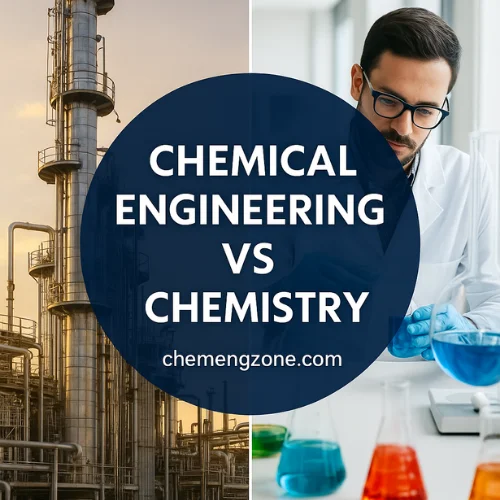 One of the key chemical engineering topics — the difference with chemistry — is represented through a split image of an industrial plant and a laboratory.