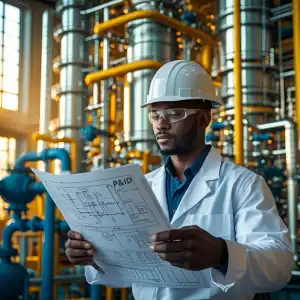 Process engineer in a chemical plant reviewing a P&ID diagram on site