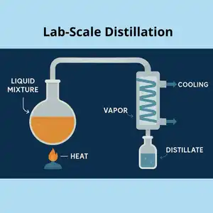Lab-scale distillation setup used to demonstrate what is the process of distilling, with heated flask, vapor path, condenser, and distillate container.