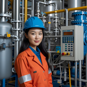 Process engineer in orange PPE standing in front of industrial control equipment and pipelines