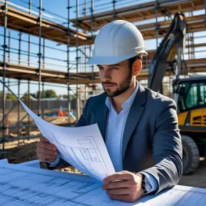 Project engineer in safety helmet reviewing blueprints at a construction site with scaffolding and machinery