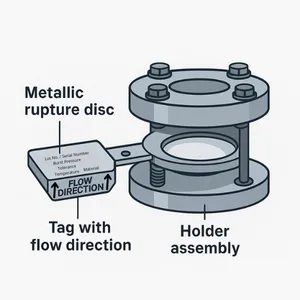 Rupture disc assembly with holder and flow direction tag