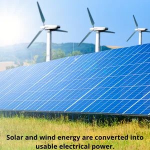 Solar panels and wind turbines convert renewable energy into electricity, representing a practical application of thermodynamics in energy transformation.