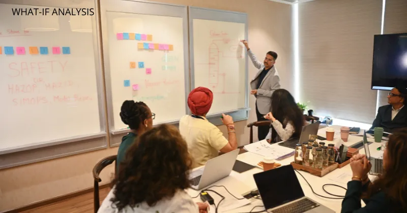 Team of engineers performing a What-If Analysis on a whiteboard during a process safety meeting in a conference room.