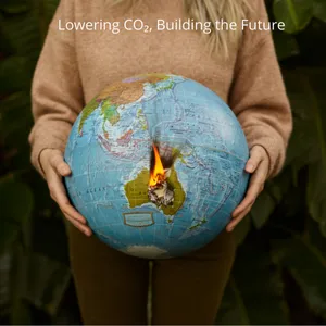 Hands holding a burning Earth globe, symbol of CO₂ emissions and climate change