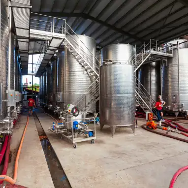 Stainless steel vertical tanks used in the food, beverage, and chemical industries for liquid storage.