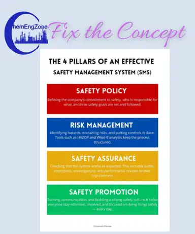 Poster showing the four pillars of an effective Safety Management System: Safety Policy, Risk Management, Safety Assurance, and Safety Promotion.