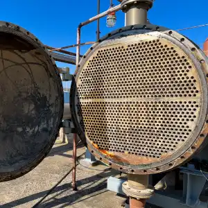 Close-up of a shell-and-tube heat exchanger used in industrial heat transfer operations