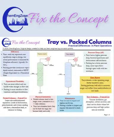 Illustration comparing tray and packed distillation columns, highlighting operational and design differences.