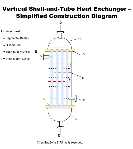 Vertical shell and tube heat exchanger diagram showing tube sheet, segmental baffles, dished ends and inlet/outlet nozzles