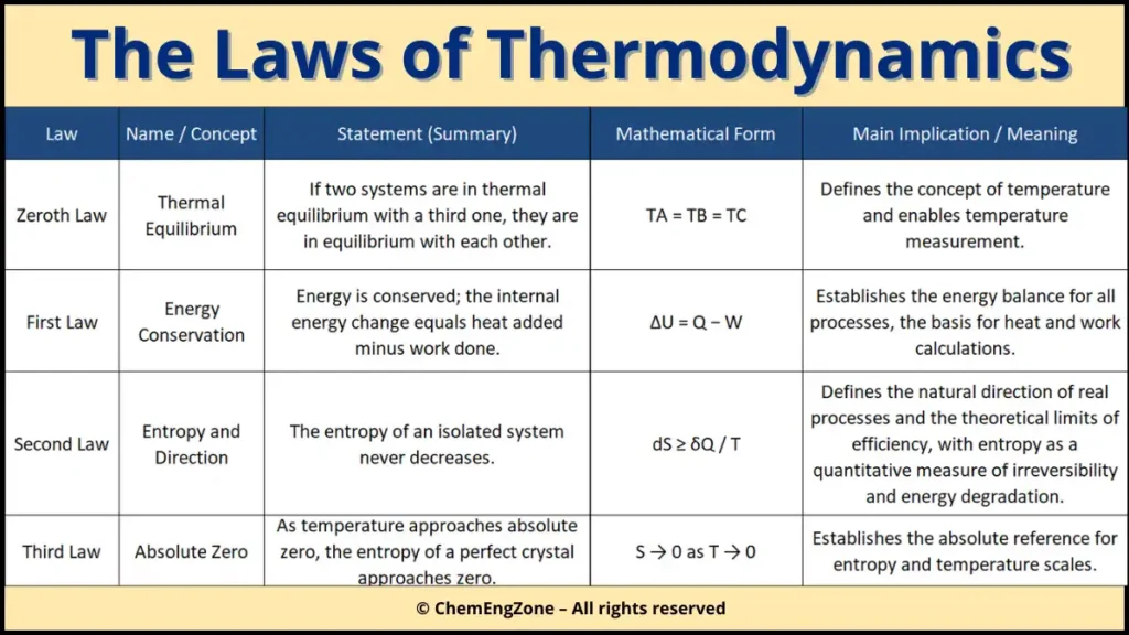 Summary table of the laws of thermodynamics showing Zeroth, First, Second and Third Law with definitions and formulas.