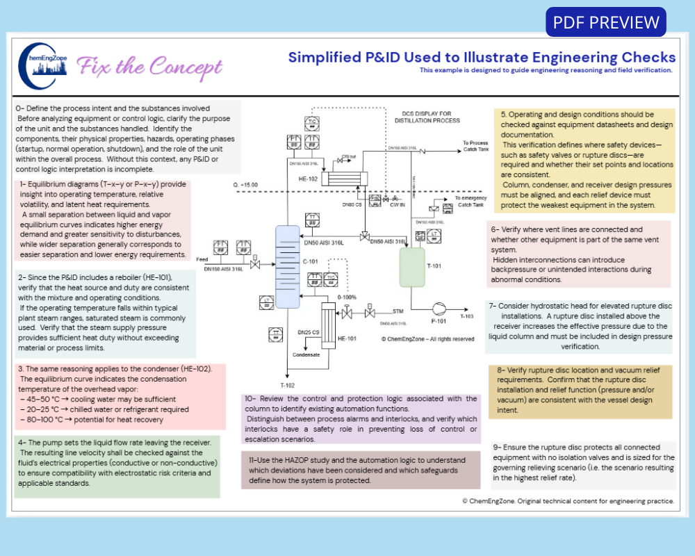 Simplified P&ID engineering checks example for process safety and HAZOP reasoning