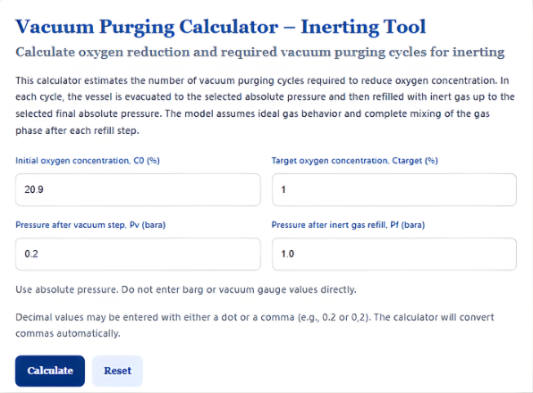 Example of a vacuum purging calculator for nitrogen inerting showing oxygen reduction cycles and pressure inputs used in inerting calculators