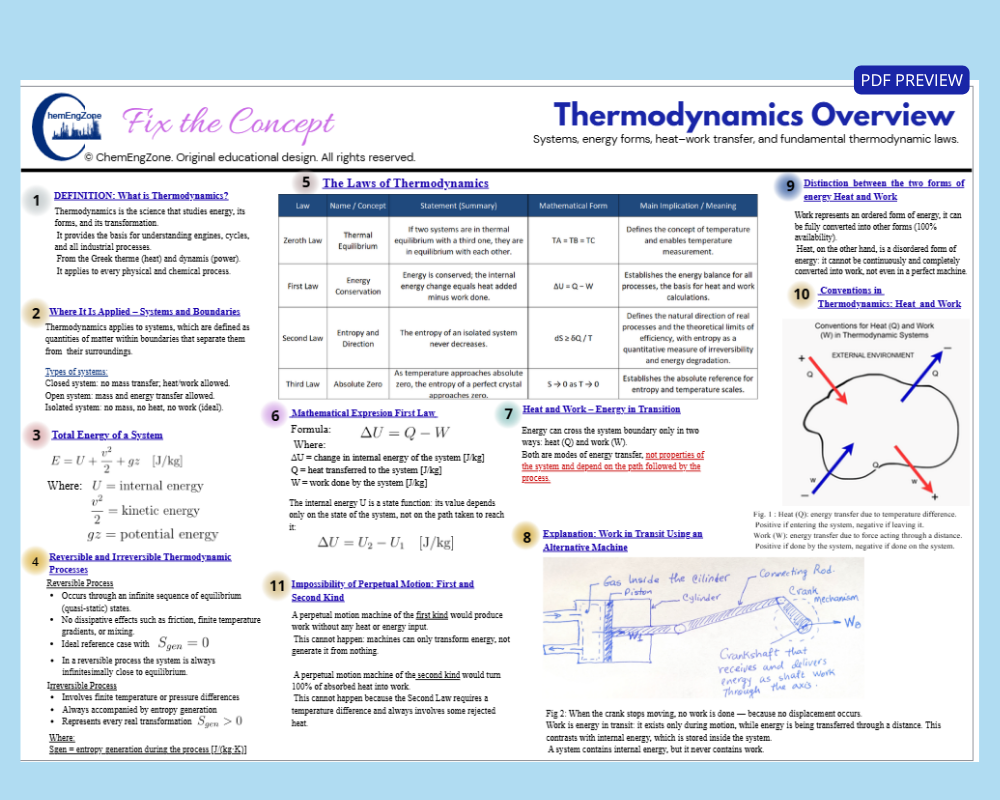 Thermodynamics review diagram showing the four laws of thermodynamics and energy transfer concepts