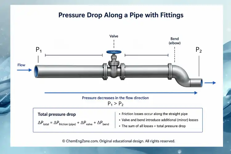 Pressure drop in pipe flow showing friction losses in the pipe and additional minor losses caused by a valve and a bend