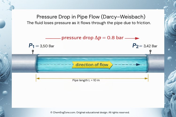 Pressure drop along a pipe showing P1, P2 and Δp due to friction using the Darcy–Weisbach equation